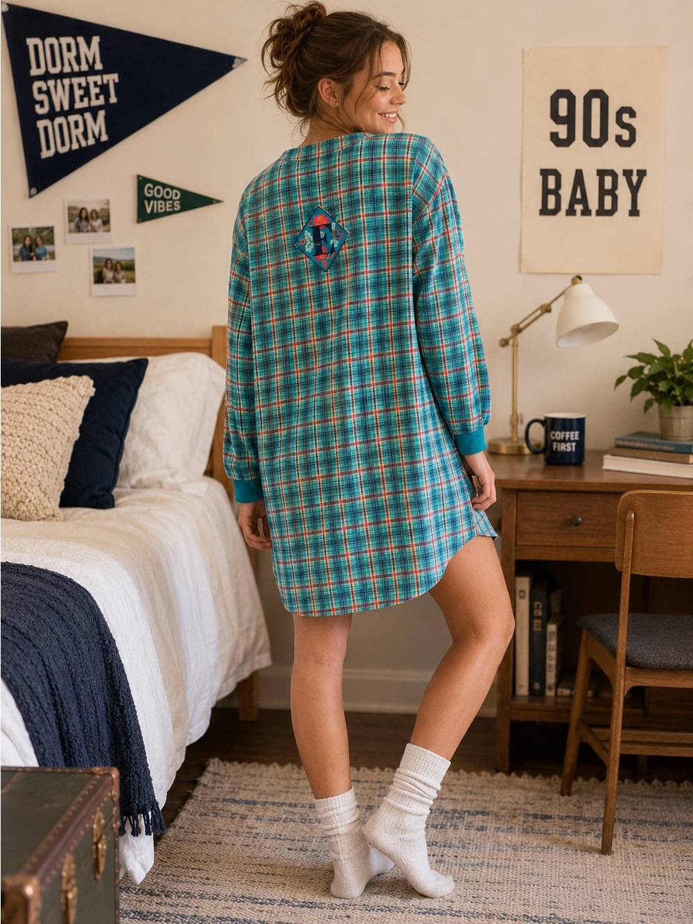 Vintage ESLEEP Dorm Plaid Flannel Sleep Shirt Nightgown 90s One Size